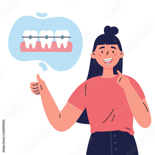 Trendy young woman with teeth braces.Dental care.Woman smiling and showing her smile with dental braces.Vector cartoon illustration isolated on white background.Colorful flat style.Character design