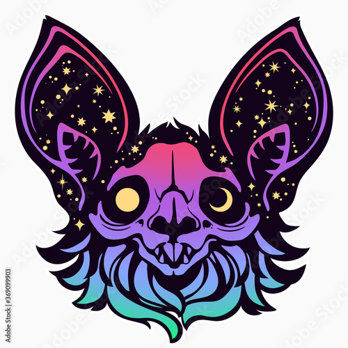 bat head in a bright multicolored palette with cosmic motifs