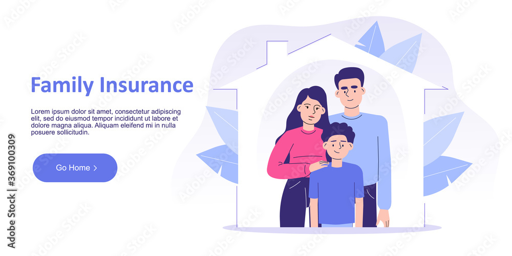 Happy family at home, insurance services concept. Insurance for family life protection. Landing page template. Homepage design for website. Isolated vector illustration for web banner