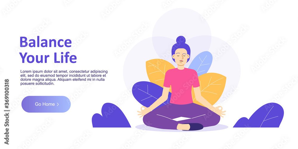 Balance your life concept. Yoga health benefits of the body, mind and emotions. Pretty young woman sitting in lotus pose in nature. Landing page template for website. Modern vector illustration