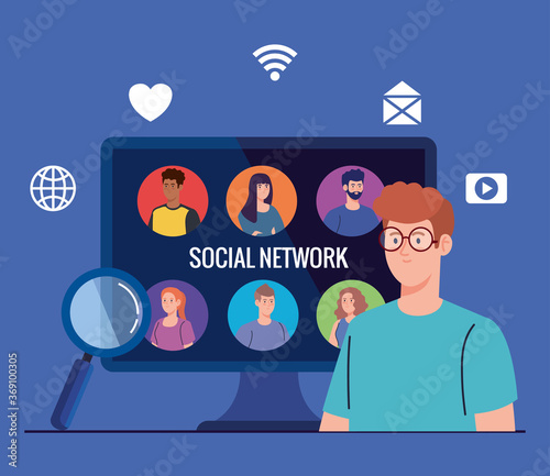 social network, people connected in computer, interactive, communicate and global concept