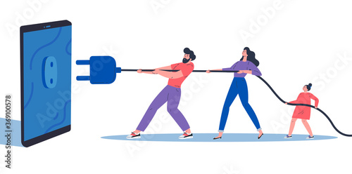 Digital Detox, Social media detox concept illustration in flat style.Young family with kid disconnecting and doing a digital detox, they are unplugging the phone and being offline.Vector illustration