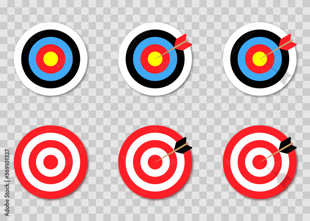 Archery target with arrow, full colour, and red/white. Vector