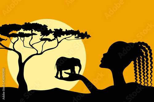 African woman holds elephant in her hand. Black silhouette on the background of sunset in Africa.Wildlife protection concept.