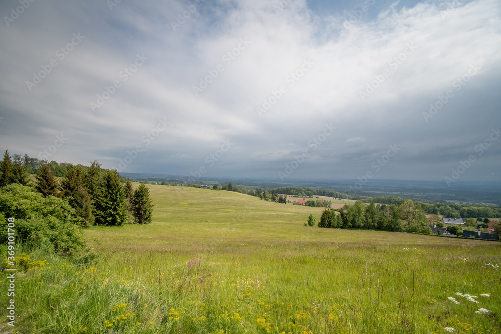 valley view of meadows and forests with clouds in the sky