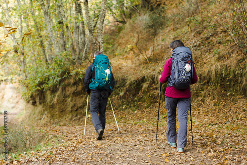 Couple of hikers walking along the forest in Saint James Way photo