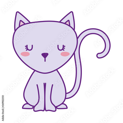 Cute cat cartoon line and fill style icon design, Animal pet kitten domestic feline kitty mammal beautiful and portrait theme Vector illustration