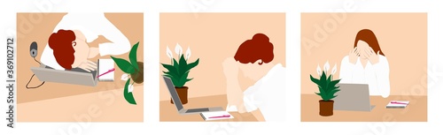 Tired girl at work or studying on the computer. Boredom at office work. Sleeping student studying. Set of vector illustrations.