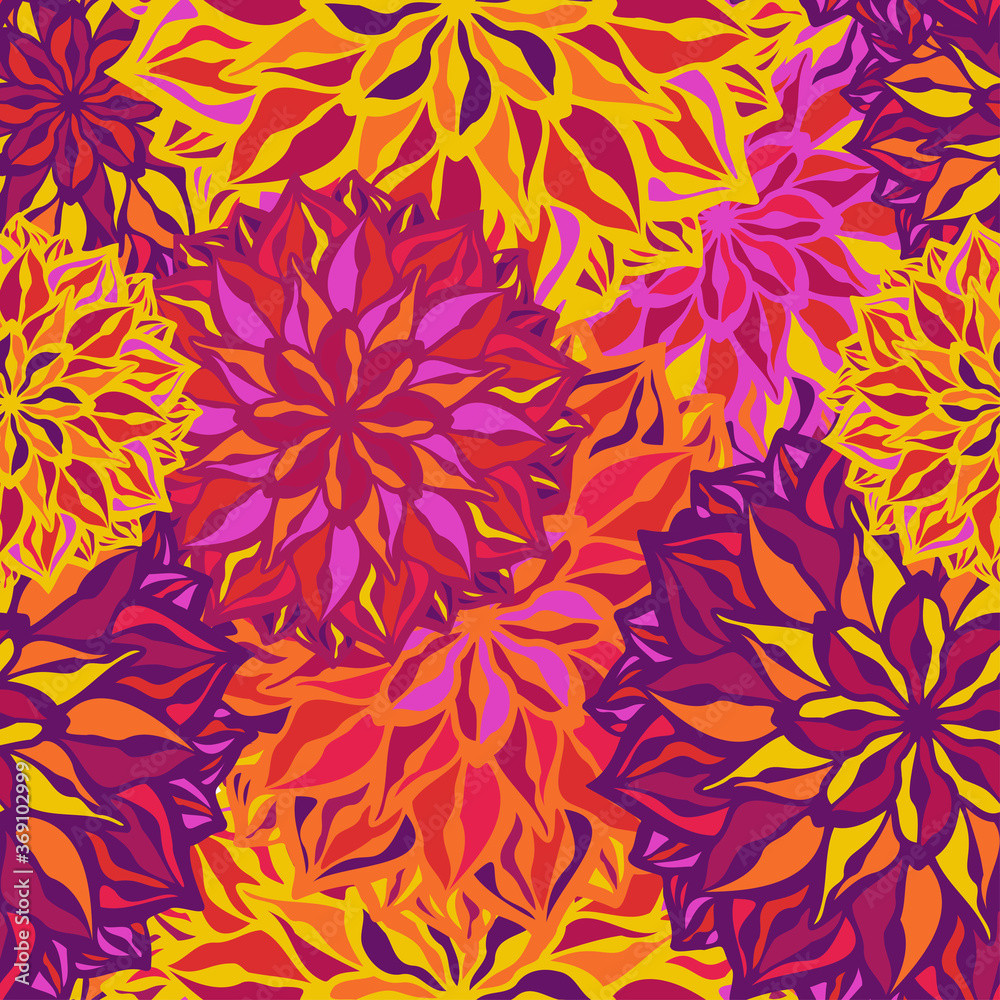 Vector seamless pattern colorful design of leaf doodles in lines on dark purple