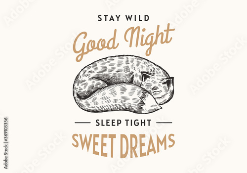 Red fox badge. Good night. Forest ginger wild animal label or logo. Vector Engraved hand drawn Vintage old sketch for stamp, t-shirt or typography.