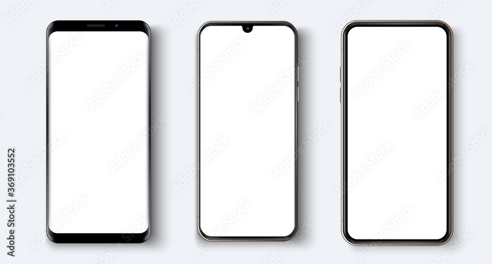 Realistic white vector smartphone. Various smartphone models.  3d realistic phone template for inserting any UI/UX interface test or business presentation. Isolated vector illustration