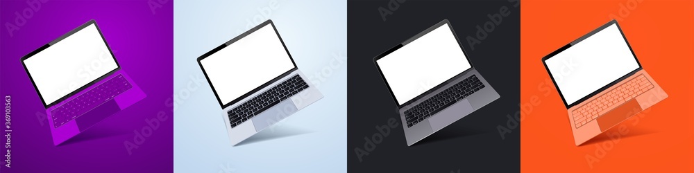 White laptop display screen in the rotated position on different fashionable and modern backgrounds. Different notebook colors purple, white, orange, black. Mockup generic device. UI/UX laptop White laptop display screen in the rotated position on different fashionable and modern backgrounds. Different notebook colors purple, white, orange, black. Mockup generic device. UI/UX laptop