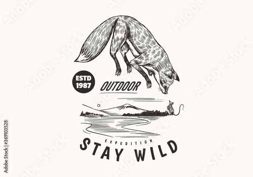 Red fox badge. Forest ginger wild animal label or logo. Vector Engraved hand drawn Vintage old sketch for stamp, t-shirt or typography.