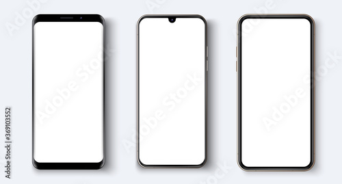 Realistic white vector smartphone. Various smartphone models. 3d realistic phone template for inserting any UI/UX interface test or business presentation. Isolated vector illustration