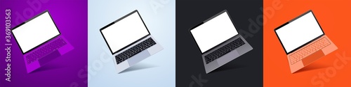 White laptop display screen in the rotated position on different fashionable and modern backgrounds. Different notebook colors purple, white, orange, black. Mockup generic device. UI/UX laptop