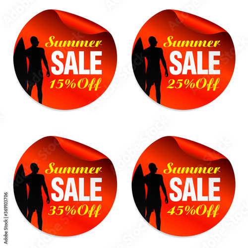 Summer red sale stickers set 15%, 25%, 35%, 45% off with surfer. Vector illustration