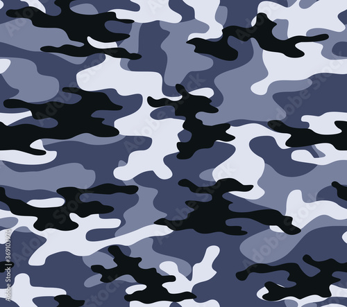 Blue camouflage army pattern seamless vector background with black spots
