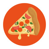 slice of pizza in frame circular, on white background