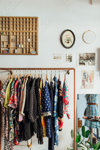 Vintage clothes rack in a vintage clothing store.