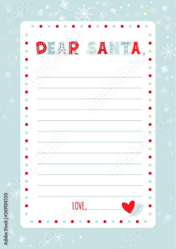 A letter to Santa Claus template. Cartoon Christmas wish list with cute funny alphabet in ugly sweater pattern style, with snowflakes. Vector illustration. Vertical orientation. Dear Santa Claus.