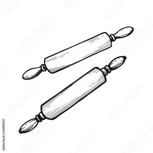 Kitchen tools wooden rolling pins. Line art vector illustration isolated on white background. Cooking utensil. Rolling pin vector object for design, labels and logo.