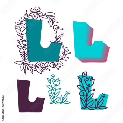 Vector isolated set of upper case letter L of English alphabet with floral decor