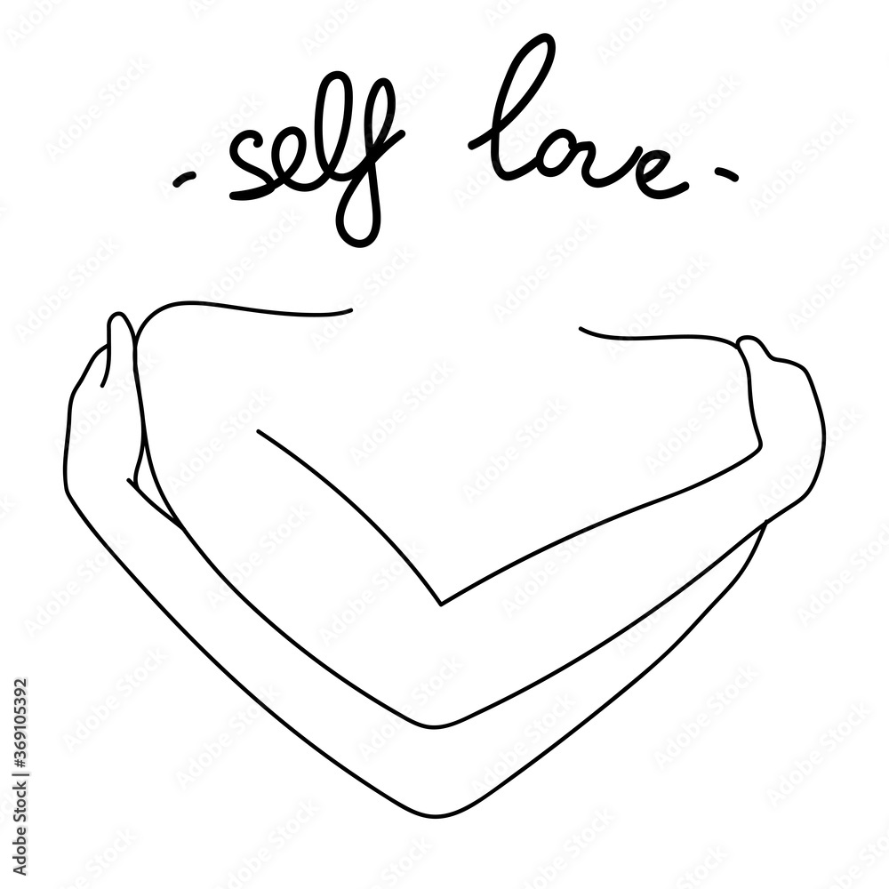 Love Yourself First. Self Love Vector Minimalist Line Illustration. Hugging  hands with heart on isolated white background Stock Vector | Adobe Stock