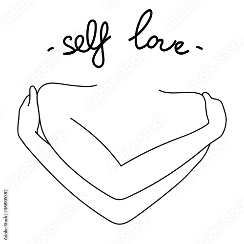 Love Yourself First. Self Love Vector Minimalist Line Illustration. Hugging hands with heart on isolated white background