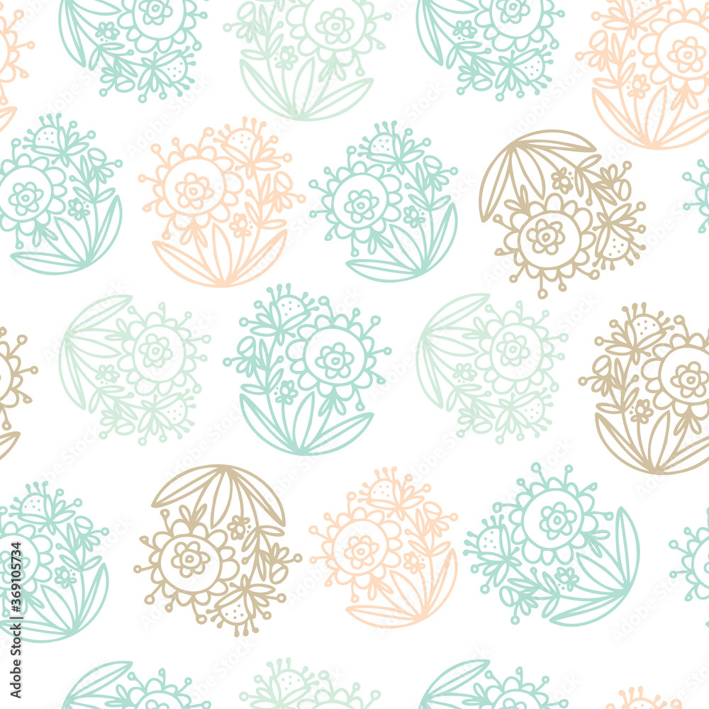Seamless vector pattern of ornamental lined abstract flowers on white background
