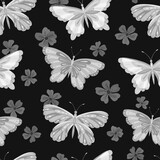 Monochrome seamless vector pattern with butterflies and sakura flowers. Suitable for packaging, fabrics, wallpapers and simple colorings. 
