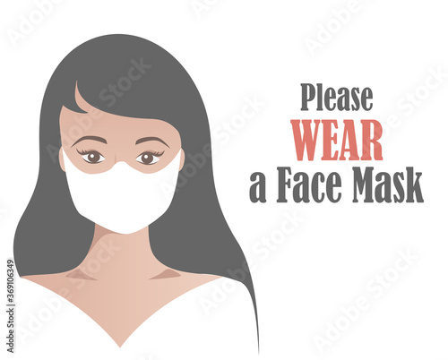 Please wear a face mask vector. Beautiful woman wearing a mask for protection.