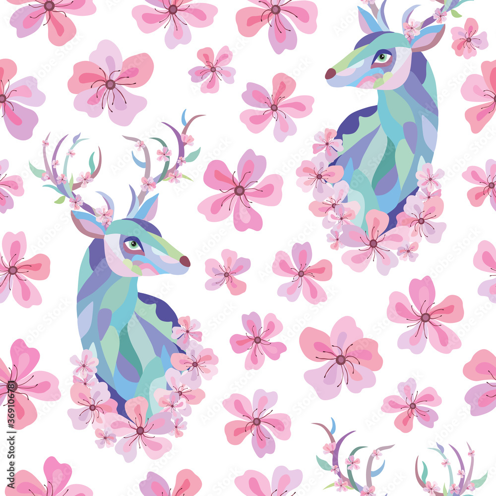 Seamless vector pattern of deer and sakura flowers. Decoration print for wrapping, wallpaper, fabric, textile. Spring background.  