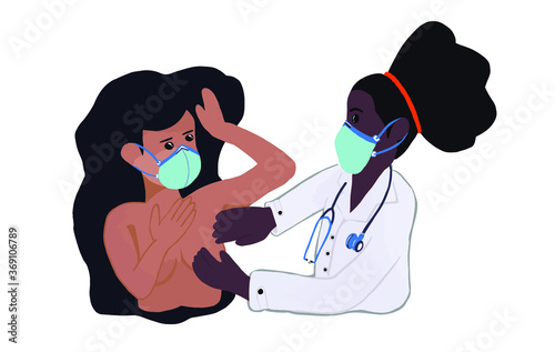 Female doctor doing breast exam on a woman, both wearing protective face mask due to coronavirus pandemic, isolated image on white background, vector illustration flat design