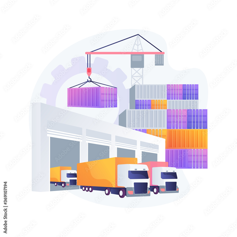 Logistics hub abstract concept vector illustration. Global logistics center, commercial warehouse, distribution hub, supply chain management, transportation cost optimization abstract metaphor. - obrazy, fototapety, plakaty 