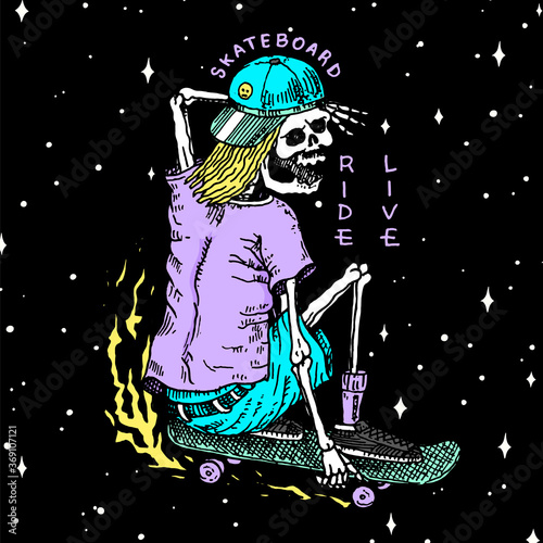 Skeleton on a skateboard label for typography. Vintage retro Ride on the boards concept. Template for t-shirt and logo. Hand Drawn engraved sketch for shop, skate club or tattoo.