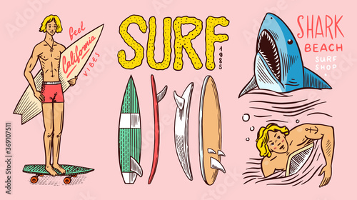  Surf badge, Vintage Surfer logo. Retro Wave and Summer pins. Man on the surfboard and shark. Engraved emblem hand drawn. Banner or poster. Sports in Hawaii.