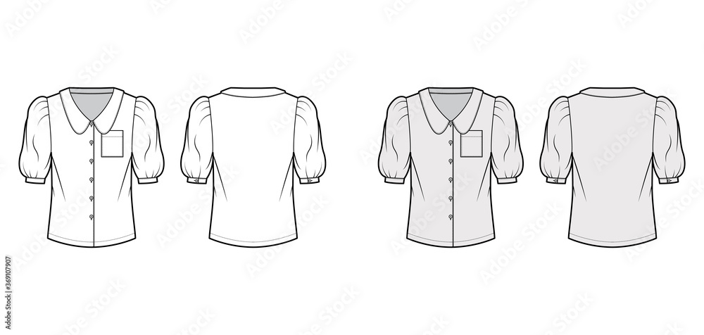Scalloped collar shirt technical fashion illustration with elbow puff sleeve, front button-fastening, loose silhouette. Flat blouse apparel template front back white grey color. Women, men unisex top