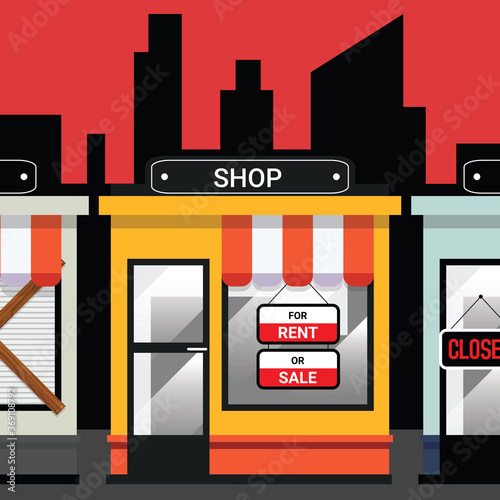 City, buildings, shops have been closed, offering for rent or sale. Consequences of unemployment, jobless and economic depression due to pandemic of covid-19 concept. Real estate market. Vector
