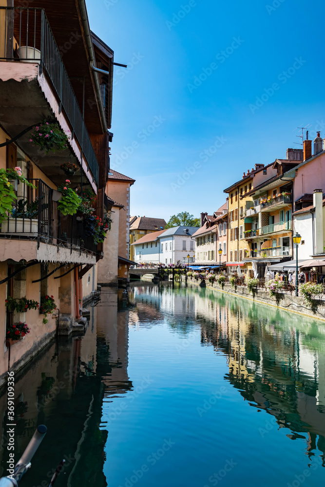 Urban landscape river,buildings and architecture of Annecy old town.Annecy is a large French city in the department Haute-Savoie on the river le Thiou and lake Annecy.