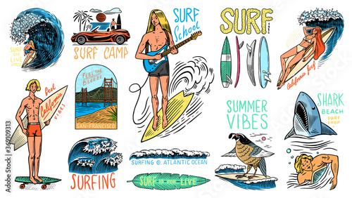  Surf badge, Vintage Surfer logo. Retro Wave and palm. Summer California pins set. Man on the surfboard, beach and sea. Engraved emblem hand drawn. Banner or poster. Sports in Hawaii.