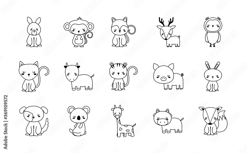 Cute animals cartoons line style set of icons design, zoo life nature and character theme Vector illustration