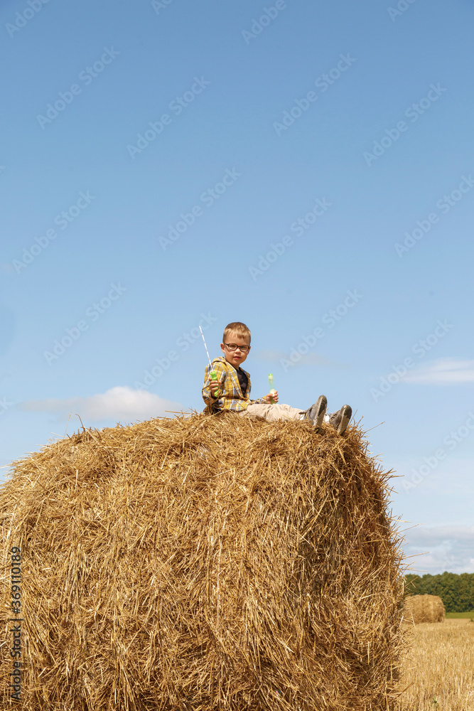 Kid resting on hay roll in nature Kid resting on hay roll in nature