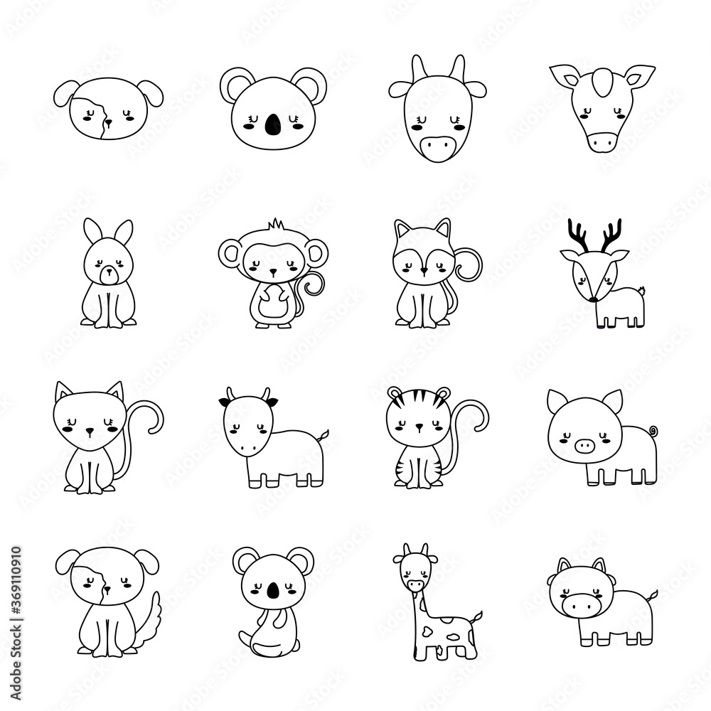 Fototapeta Cute animals cartoons line style collections icons design, zoo life nature and character theme Vector illustration