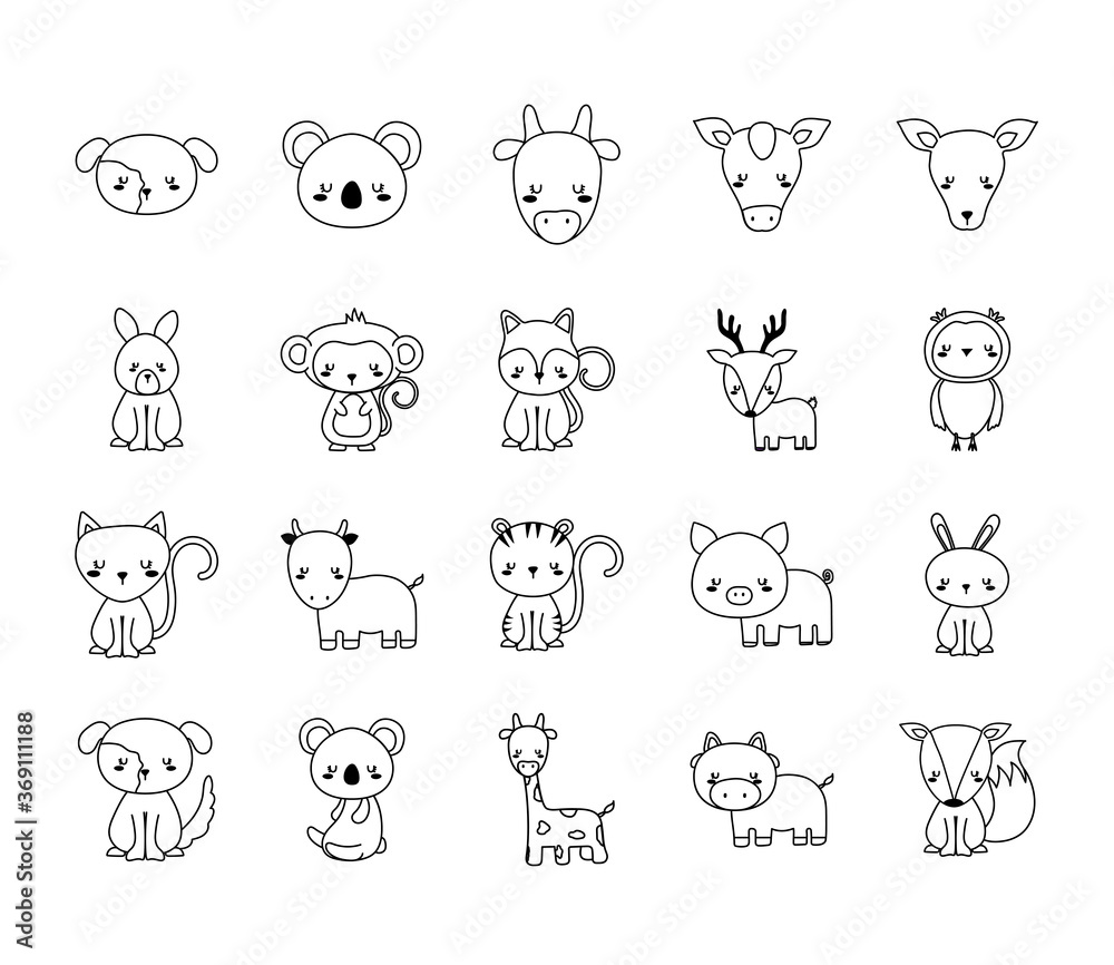 Cute animals cartoons line style bundle of icons design, zoo life nature and character theme Vector illustration