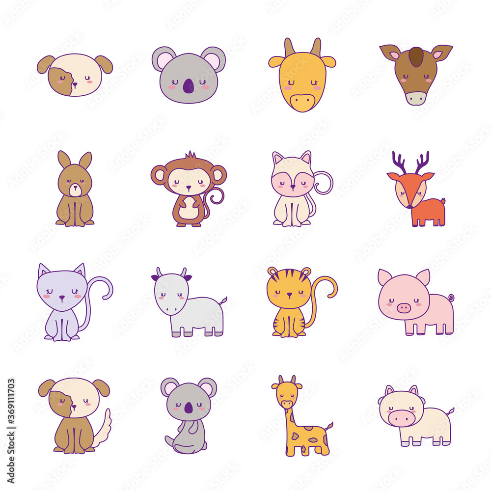 Fototapeta premium Cute animals cartoons line and fill style collections icons design, zoo life nature and character theme Vector illustration