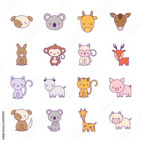 Canvas Print Cute animals cartoons line and fill style collections icons design, zoo life nat