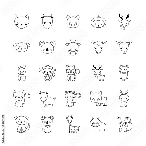 Cute animals cartoons line style icon set design, zoo life nature and character theme Vector illustration