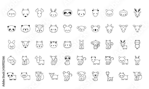 Cute animals cartoons line style 50 icon set design, zoo life nature and character theme Vector illustration