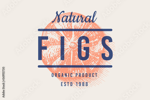 Fresh fig badge. Fruit Foliage label or logo. Cut pieces. Detox spice. Vector Engraved hand drawn sketch for stamp, t-shirt or typography or menu. 