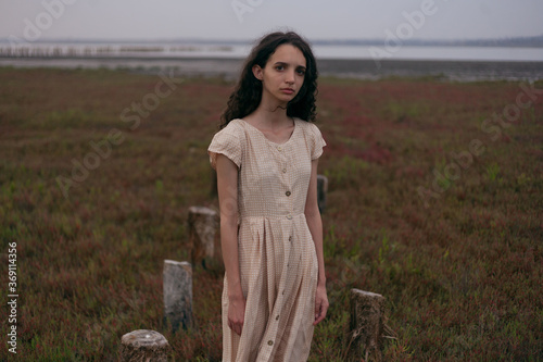 girl in a dress with long black hair on the background of the field photo
